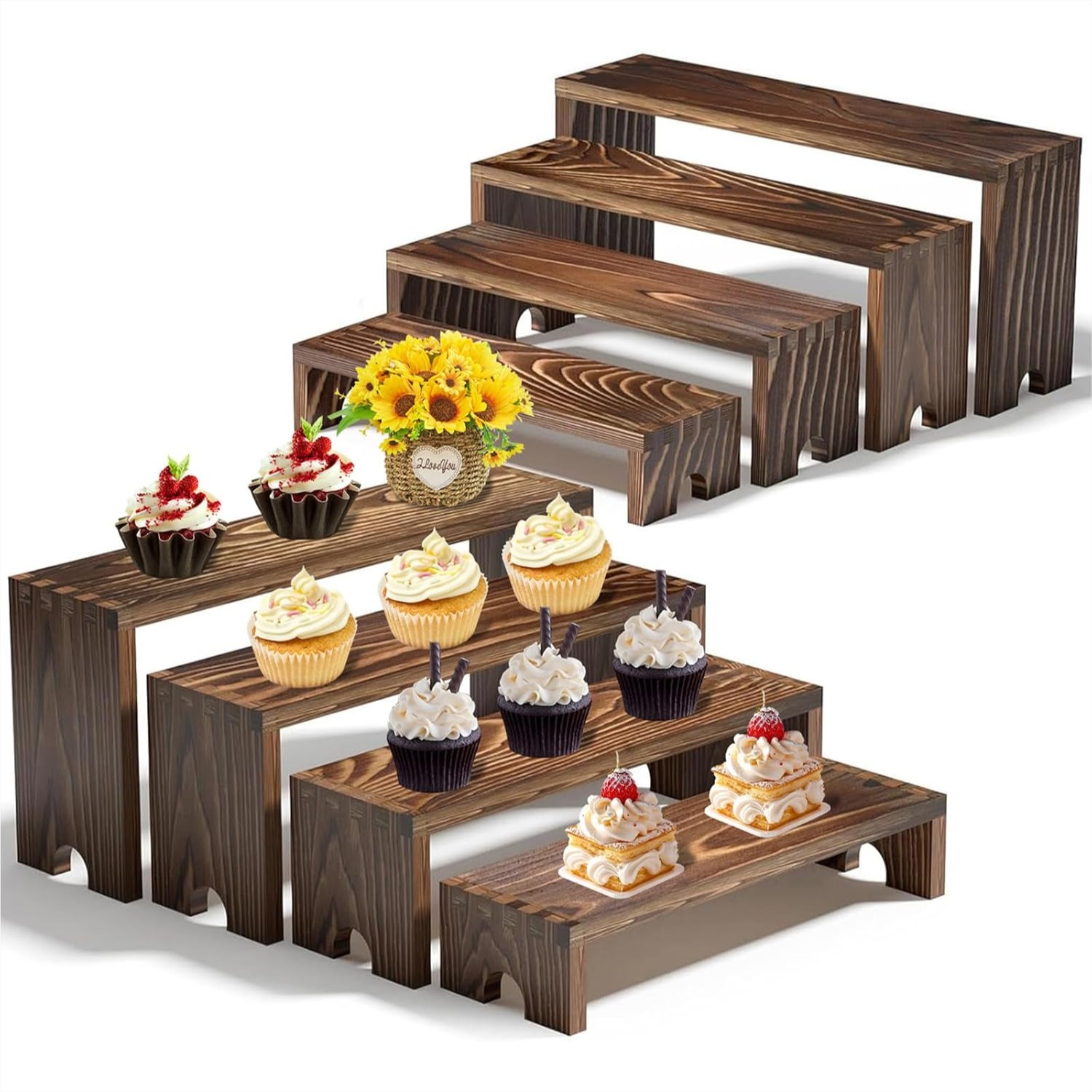Display Risers Set - 2 Tier Wooden Cupcake Stand Set